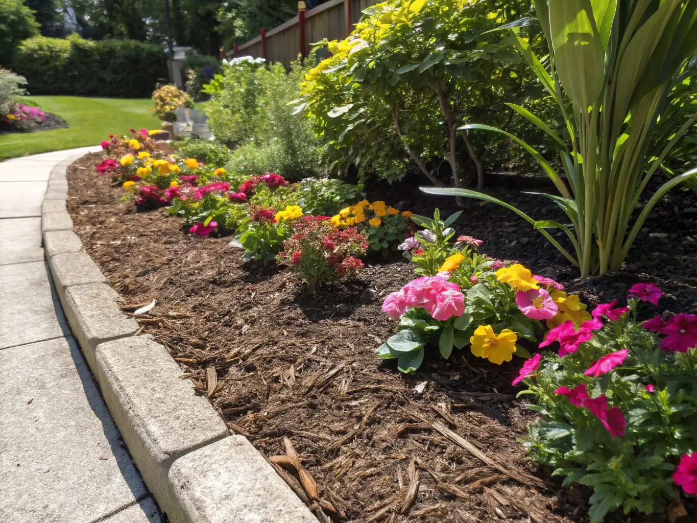 A vibrant garden bed with freshly laid mulch, highlighting the aesthetic and practical benefits of Spitzer Lawn Care's mulching services.