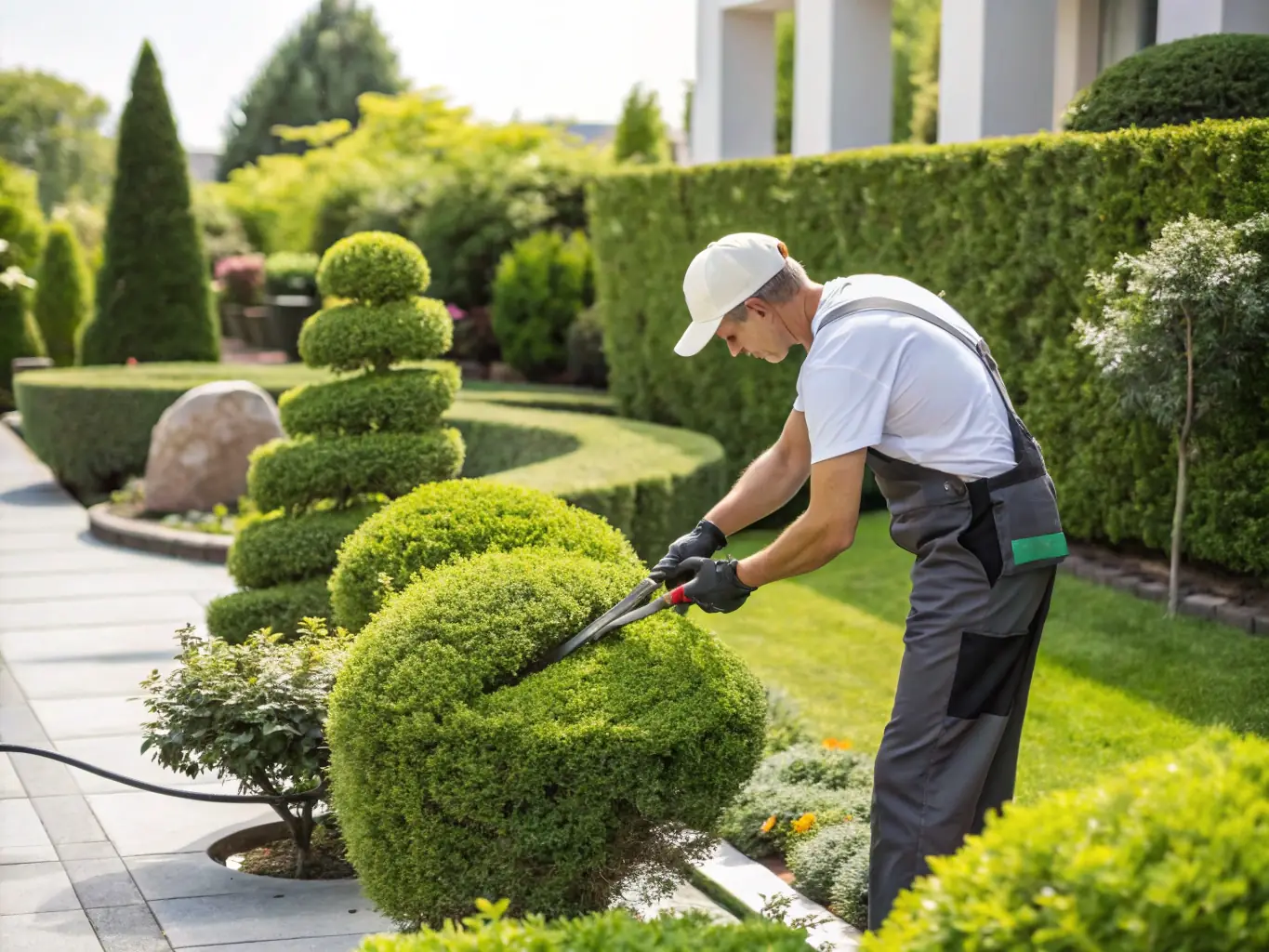 A landscaper trimming bushes with a focus on detail and precision, representing Spitzer Lawn Care's trimming and pruning service.