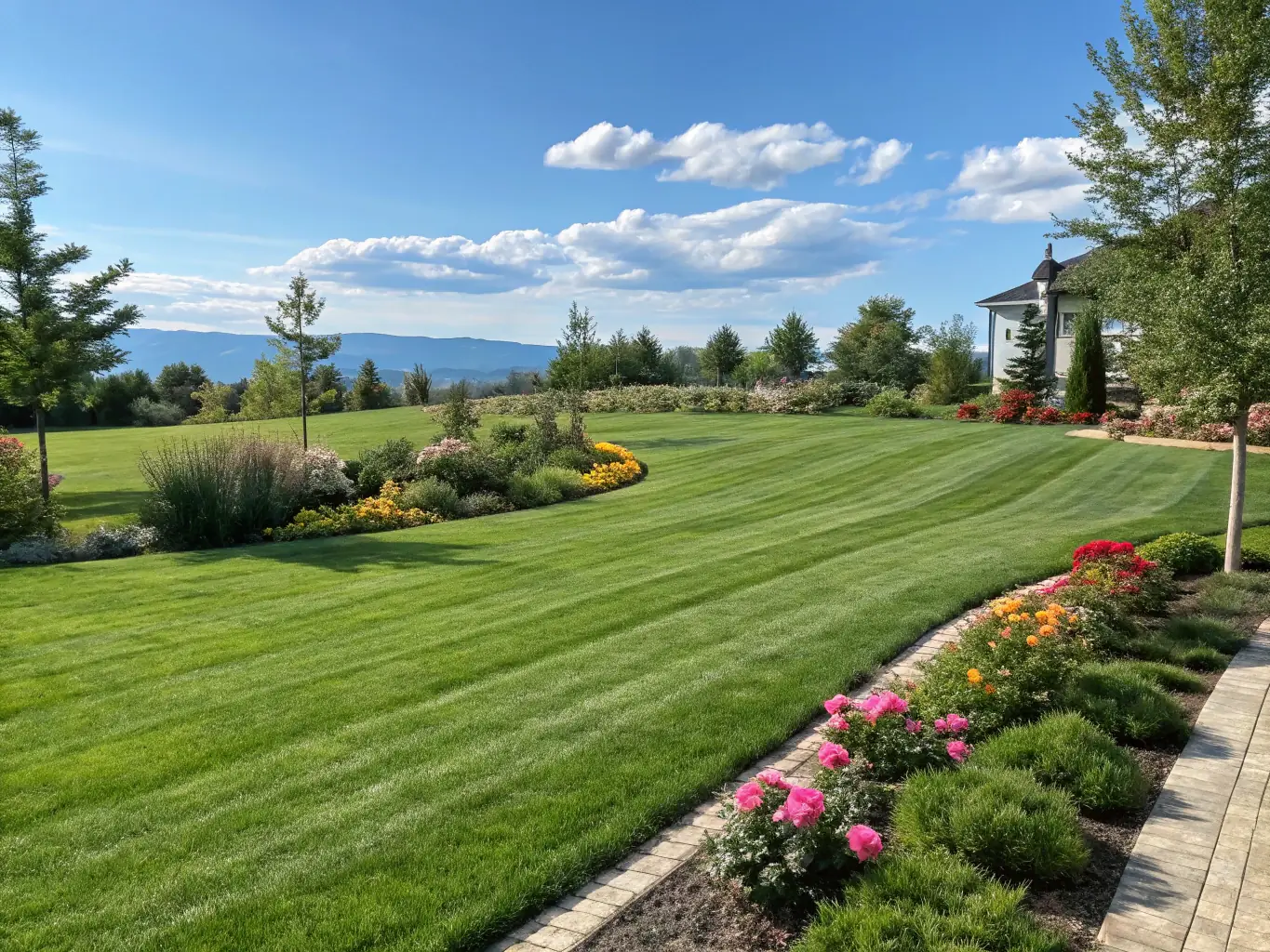 A well-manicured lawn with crisp edging, showcasing the precision and care taken in mowing services by Spitzer Lawn Care.
