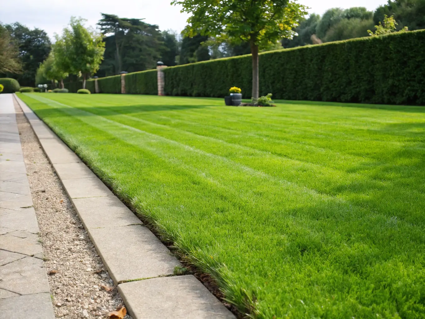 A lush green lawn with crisp, clean edges, showcasing a well-manicured yard, representing Spitzer Lawn Care's mowing and edging service.